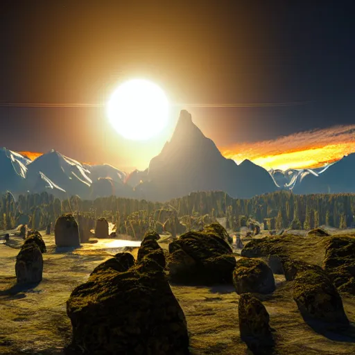 Image similar to small solar eclipse above mountains, highly detailed, photorealistic shot, bright studio setting, studio lighting, crisp quality and light reflections, unreal engine 5 quality render