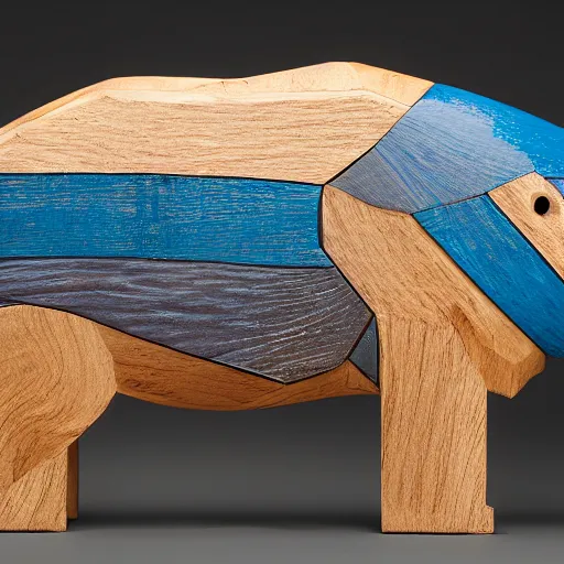 Prompt: studio zeiss 1 5 0 mm f 2. 8 hasselblad, a photo of a model hippo made of repurposed elm wood composite mixed with straight lines blue epoxy resin, dramatic lighting, award - winning photo