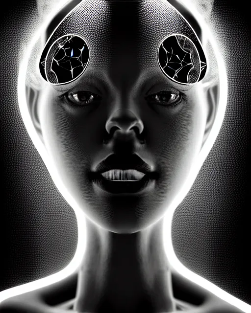 Image similar to black and white cyborg-plant goddess high quality fashion portrait, artificial intelligence, bio-mechanical bio-luminescence, artificial spider web, neurons, nerve cells, octane render, cinematic, hyper realism, high detail, 8k, in the style of Steven Meisel and Dora Maar and H.G. Giger