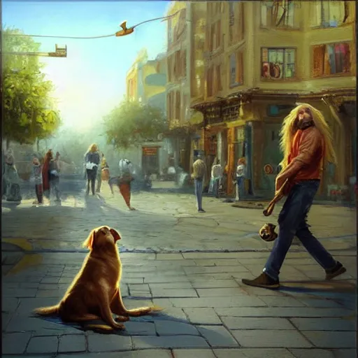 Image similar to oil painting of a young man with long hair blond and a beard hippie style with his golden retrever dog playing guitar in the square for money, people watching around, by greg rutkowski, artstation