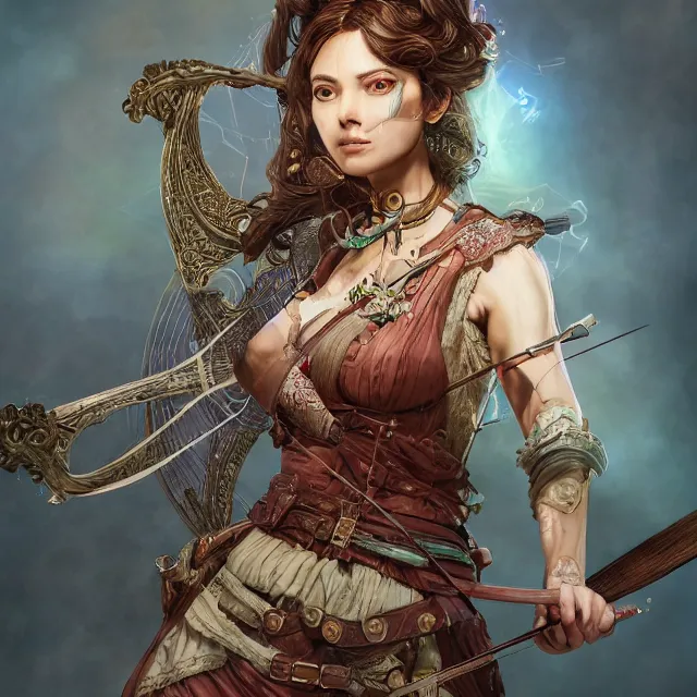 Image similar to the portrait of lawful neutral semi - colorful female archer huntress as absurdly beautiful, gorgeous, elegant, young woman, an ultrafine hyperdetailed illustration by kim jung gi, irakli nadar, intricate linework, bright colors, octopath traveler, final fantasy, unreal engine 5 highly rendered, global illumination, radiant light, detailed and intricate environment