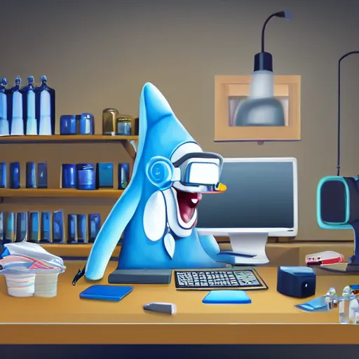 Image similar to An anthropomorphic grey dolphin dressed as a chemist playing games on a computer, digital painting