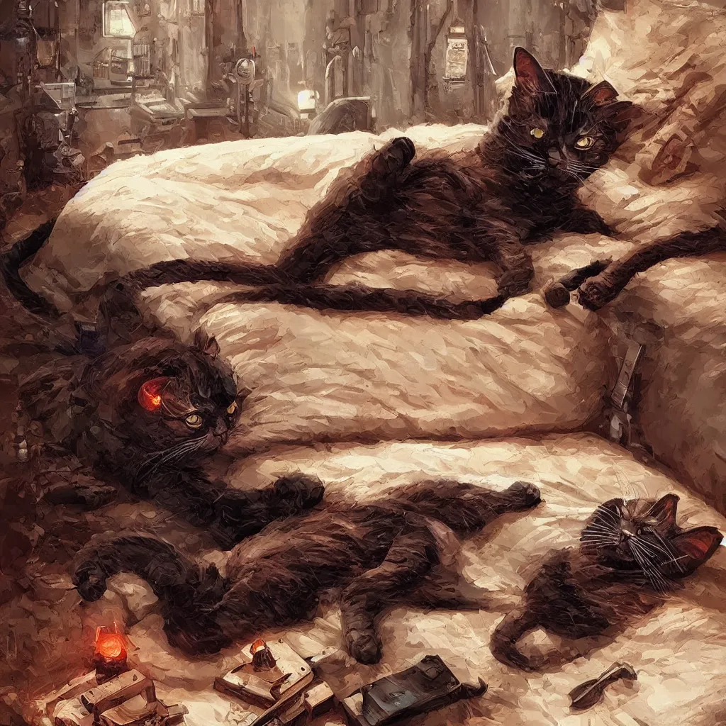 Image similar to cat character laying on bed, wood carved bed, darth vader as cat waiter, cute cat, cyber punk cat, big cat, super powers, concept art, by greg rutkowski, old copper pipes, complementing colors