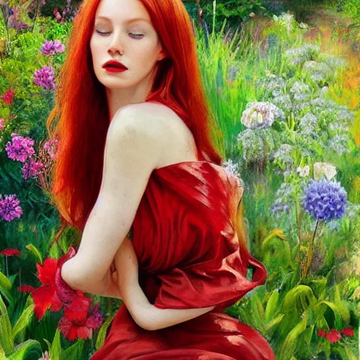 Prompt: a beautiful red haired woman in a garden, beautiful painting by irakli nadar and magali villanueve