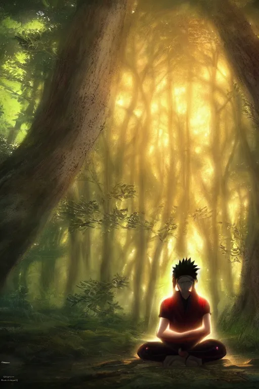 Image similar to photorealistic dark fantasy concept art of Naruto meditating in a forest, dynamic lighting, stunning visuals, realism, cinematic, hyper detailed, ultra detailed, beautiful visuals and sunset