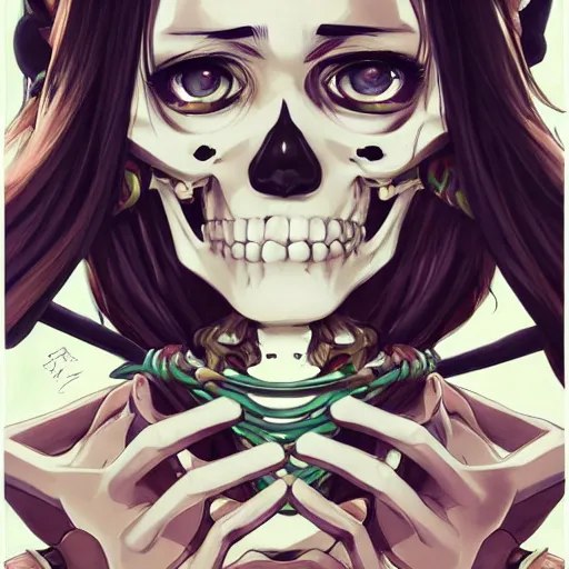 Image similar to anime manga skull portrait young woman skeleton, artgerm, painterly, impressionist, graffiti, key lighting, art by jc leyendecker and sachin teng