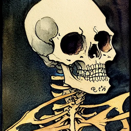 Prompt: a simple and atmospheric watercolour portrait of a skeleton king on halloween, very muted colors, by rebecca guay, michael kaluta, charles vess and jean moebius giraud