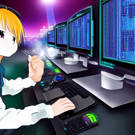 Image similar to friendly anime hacker working at computer