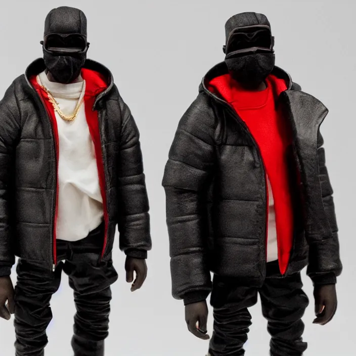 Image similar to kanye west, a goodsmile figure of kanye west using a full face covering black mask, a small, tight, undersized reflective bright red round puffer jacket made of nylon, dark jeans pants and big black balenciaga rubber boots, figurine, detailed product photo