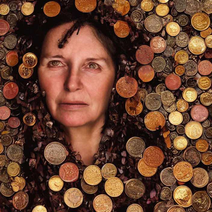 Prompt: closeup portrait of a woman wearing a cloak made of coins and flowers, standing in hell, by Annie Leibovitz and Steve McCurry, natural light, detailed face, CANON Eos C300, ƒ1.8, 35mm, 8K, medium-format print