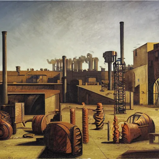 Image similar to steel factory yard giorgio de chirico graham sutherland greg rutkowski odd nerdrum simon stalenhag