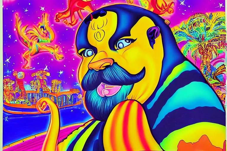 Prompt: lisa frank painting of sinbad at dave & busters 1 9 8 9