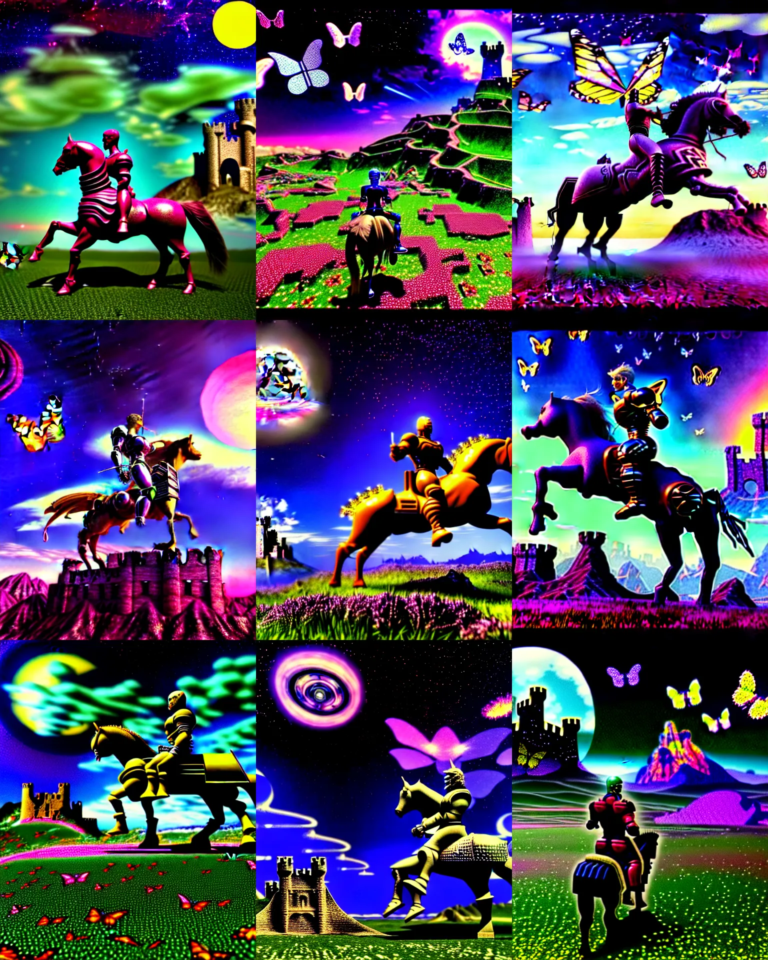 Prompt: 3 d render of cyborg knight riding a horse standing in cybernetic mountain landscape with castle ruins against a psychedelic surreal background with 3 d butterflies and 3 d flowers n the style of 1 9 9 0's cg graphics against the cloudy night sky, lsd dream emulator psx, 3 d rendered y 2 k aesthetic by ichiro tanida, 3 do magazine, wide shot