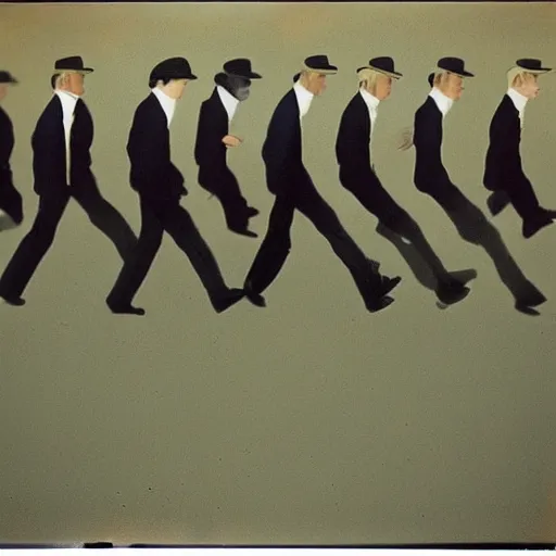 Image similar to wide-shot low-angle photo of empty!!! animated clothes (((heads))) walking down the street in New York, polaroid photo, by Andy Warhol, by Rene Magritte