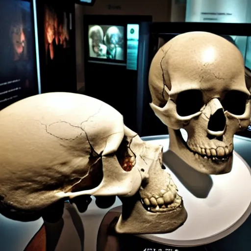 Image similar to Human skull in a museum with robotic tourists looking at it, alien language, science fiction