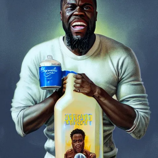 Image similar to clear portrait of kevin hart holding a gigantic bottle of milk, golden hour background, cottagecore!!, hyper detailed, character concept, full body, dynamic pose, intricate, elegant, highly detailed, digital painting, artstation, concept art, smooth, sharp focus, illustration, art by artgerm and greg rutkowski and alphonse mucha