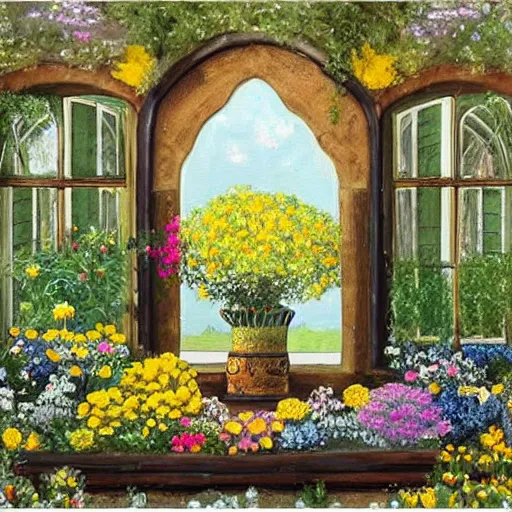 Image similar to “A painting of a pretty garden with yellow flowers in pots on a bench, a basket of flowers on the ground, a vase with more flowers, and in the centre, there's a window. On the sill is another planter with flowers and above the window is a spectacular array of hanging plants. In front of the window, propped up against the sill is an old pushbike”