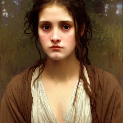 Prompt: a realistic face portrait of a teenage girl who looks like Uma Thurmond and Winona Ryder with an anxious expression and slightly open mouth, wearing ragged Jedi robes and holding a lightsaber, by William-Adolphe Bouguereau, John William Waterhouse, Frederic Leighton, Alphonse Mucha, Edward Burne Jones