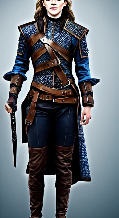 Prompt: Full body portrait of Emma Watson cosplaying as Geralt from the Witcher. Studio lighting