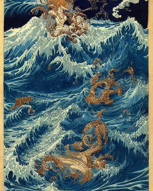 Prompt: royal king of the ocean poseidon world of warcraft god by hokusai and james gurney