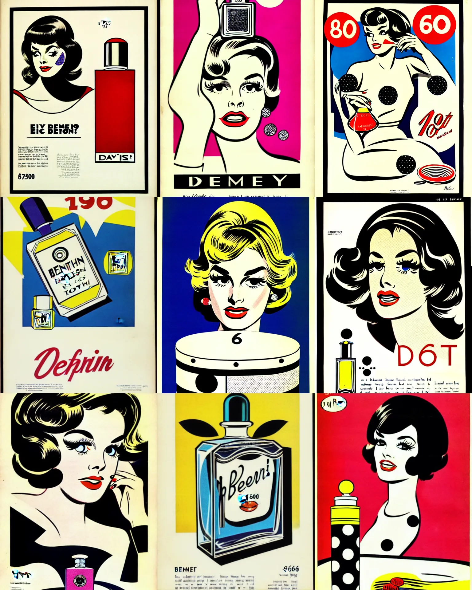 Prompt: 1 9 6 0 s perfume bottle ads, dot illustration on paper, ben - day, roy lichtenstein, pop art, epic, masterpiece, detailed, 8 k