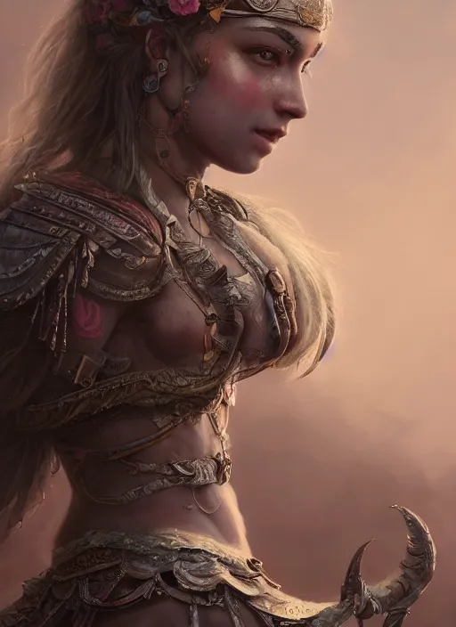 Image similar to detailed realistic full body character concept illustration pastel painting of a warrior princess in detailed clothing, insanely detailed and intricate, octane render, sss, postprocessing, 4k,