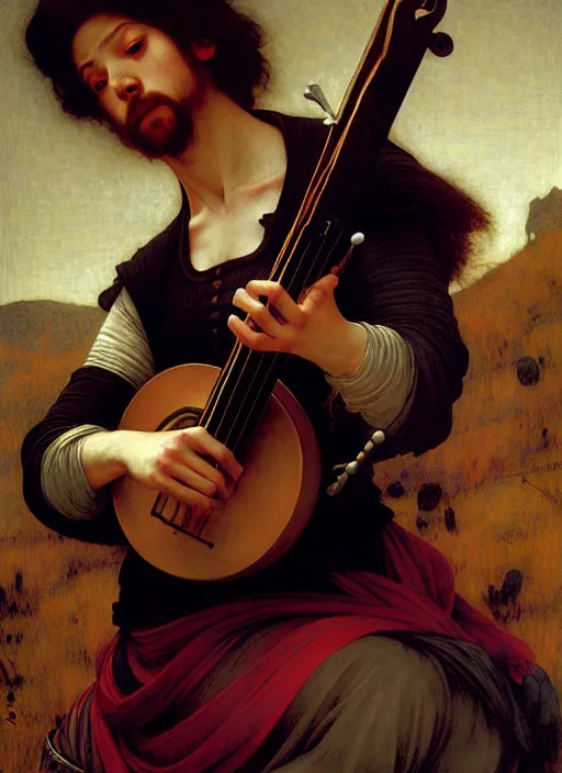 Image similar to bard playing lute, full body, hyper realistic, extremely detailed, dnd character art portrait, dark fantasy art, intricate fantasy painting, dramatic lighting, vivid colors, deviantart, artstation, by edgar maxence and caravaggio and michael whelan and delacroix.