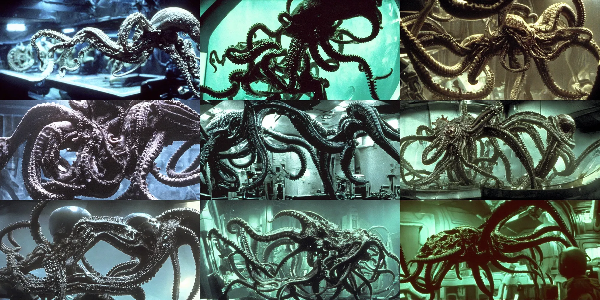 Prompt: Xenomorph octopus in a specimen tank , film still from Aliens by James Cameron