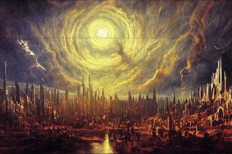 Image similar to miskatonic university big bang cityscape in the style of progressive rock, illuminati, painting by albert bierstadt