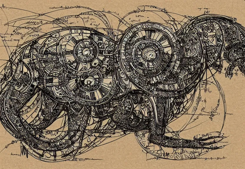 Prompt: small schematic blueprint of highly detailed ornate filigreed convoluted ornamented elaborate cybernetic rat, centered composition, art by da vinci