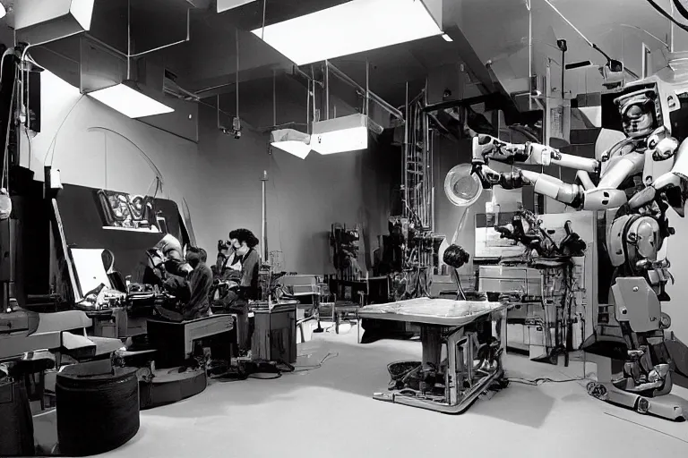 Prompt: a futuristic film studio with robot technicians preparing a scene by Stanley kubrick, sci-fi, reimagined by industrial light and magic