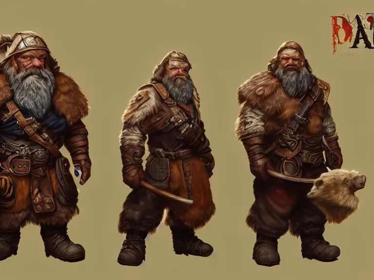 Prompt: Dwarf Ranger with Bear Companion, RPG Reference Sheet, Oil Painting, Trending on Artstation, octane render, Insanely Detailed, 8k, HD