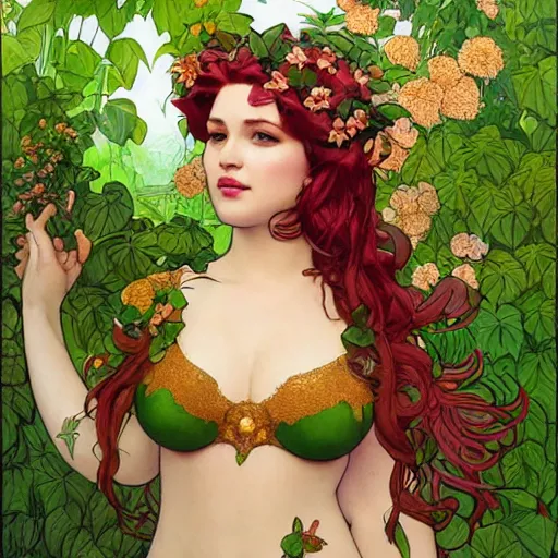 Prompt: a stunning vector portrait of a thicc and voluptuous poison ivy dressed as palutena walking through a flowering garden, greenhouse in the background, intricate, elegant, highly detailed, digital painting, artstation, concept art, ultra sharp focus, illustration, art by jugendstil and greg rutkowski and alphonse mucha