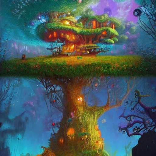 Image similar to detailed concept colorful fantasy painting of a transcendental treehouse, artwork by Paul Lehr and Lexander Jansson, framed focus, cinematic lighting, hyperdetailed, 8k, high resolution, insanely detailed and intricate, octane render