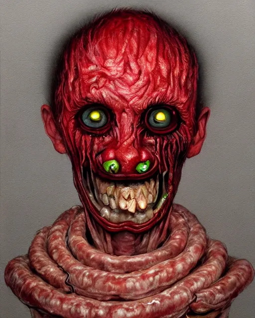 Image similar to Haunting horrifying detailed painting of a man made of sausages, rotten teeth and glowing red eyes, black eye shadow, hyper detailed, trending on Artstation