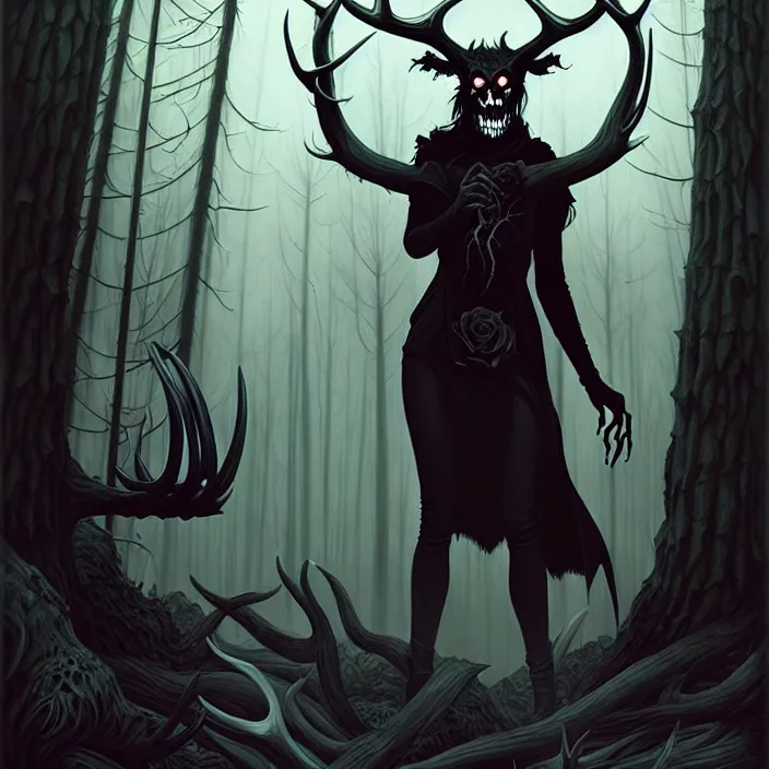 Image similar to style artgerm, joshua middleton, steve niles, gerald brom, scary wendigo with antlers and skull face mixed with werewolf, beautiful witch wearing a black dress on the right side, in the forest, detailed, dark and foggy, cinematic lighting