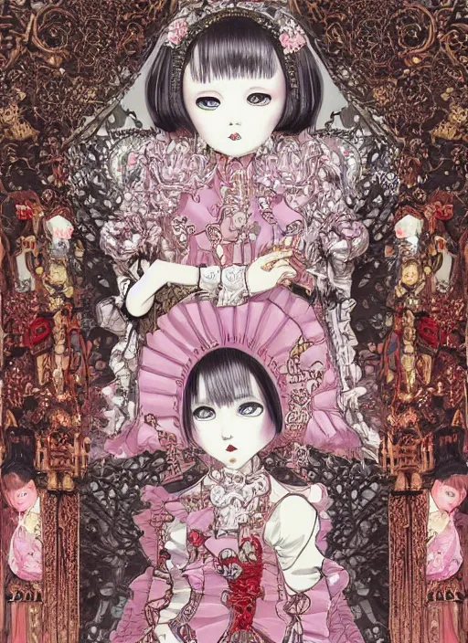 Image similar to baroque bedazzled gothic royalty frames surrounding a pixelsort emo demonic horrorcore japanese beautiful early computer graphics automaton doll, by guro manga artist Shintaro Kago