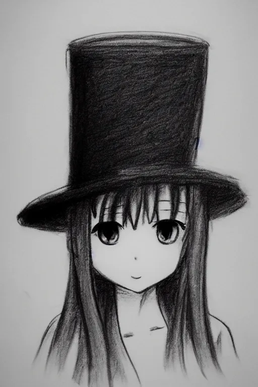 Image similar to cute loli in a tall black top hat, face profile, pencil sketch, gray scale, anime style