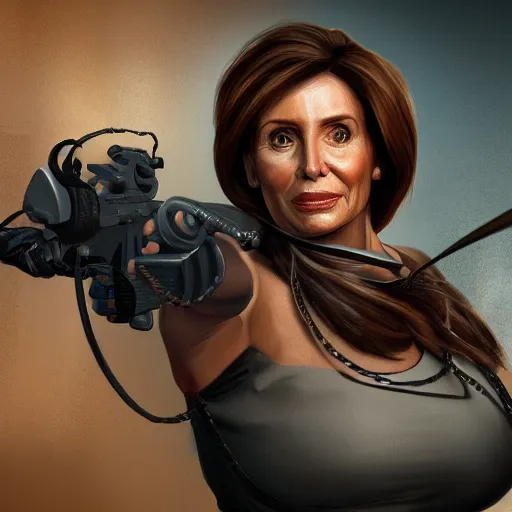 Image similar to Nancy Pelosi as Lara Croft, digital art, artstation, cgsociety, 4k, hyper-detailed