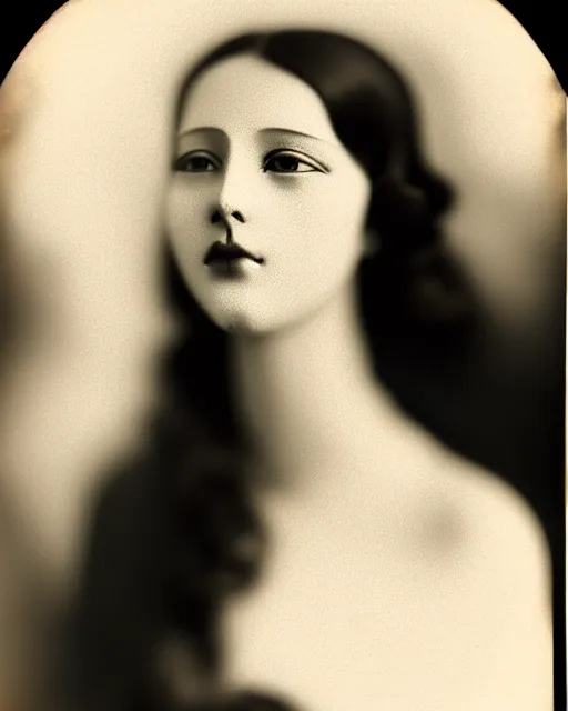 Prompt: [ [ [ [ [ [ tintype ] ] ] ] ] ] black and white dreamy young beautiful veiled female artificial intelligence, realistic pearl ornament in the face, long hair are intricate with highly detailed realistic pearls, cinematic, rim light, bokeh, photo - realistic, elegant, high detail, 8 k, masterpiece, photo taken in 1 9 3 0