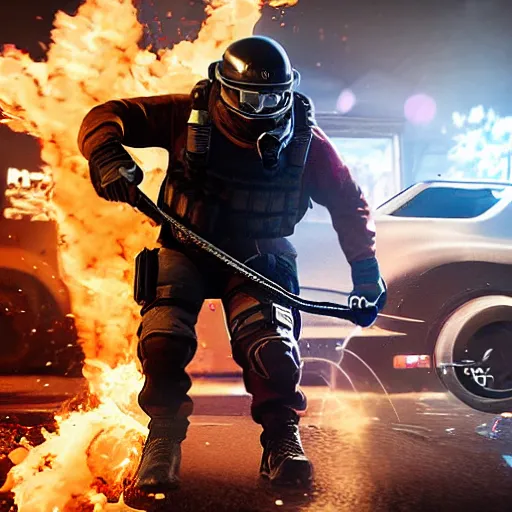 Image similar to Montagne from Rainbow Six Siege riding a bike leaving behind a trail of flames and explosions