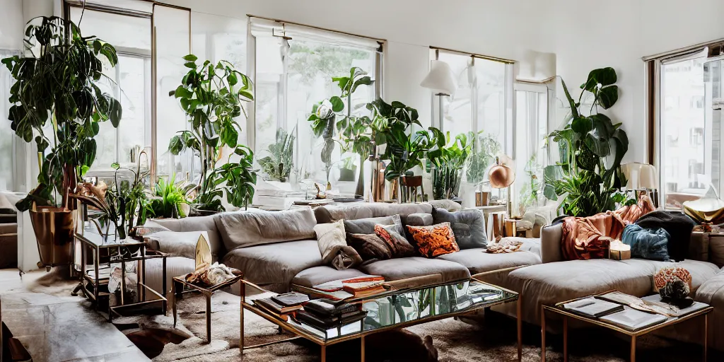 Prompt: extremely detailed, wide angle photograph, atmospheric, realistic lighting, reflective objects, award winning contemporary interior design by kelly wearstler, nate berkus, justina blakeney, living room, cozy calm, neutral tones, plants, fabrics textiles, colorful accents, brass copper objects, various light sources, lamps, hardwood floors, book shelves, couch, desk, balcony, 8 k