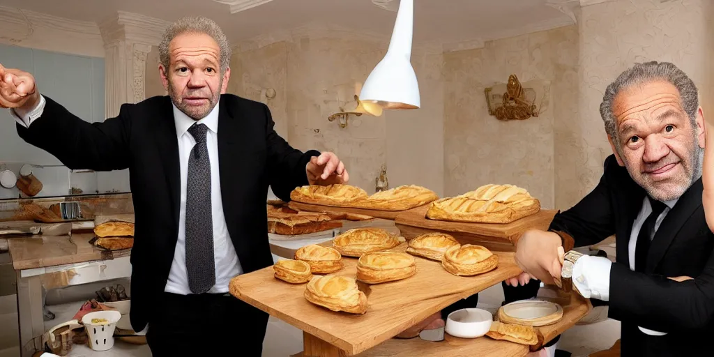 Image similar to alan sugar with really long arms holding some pastry pets