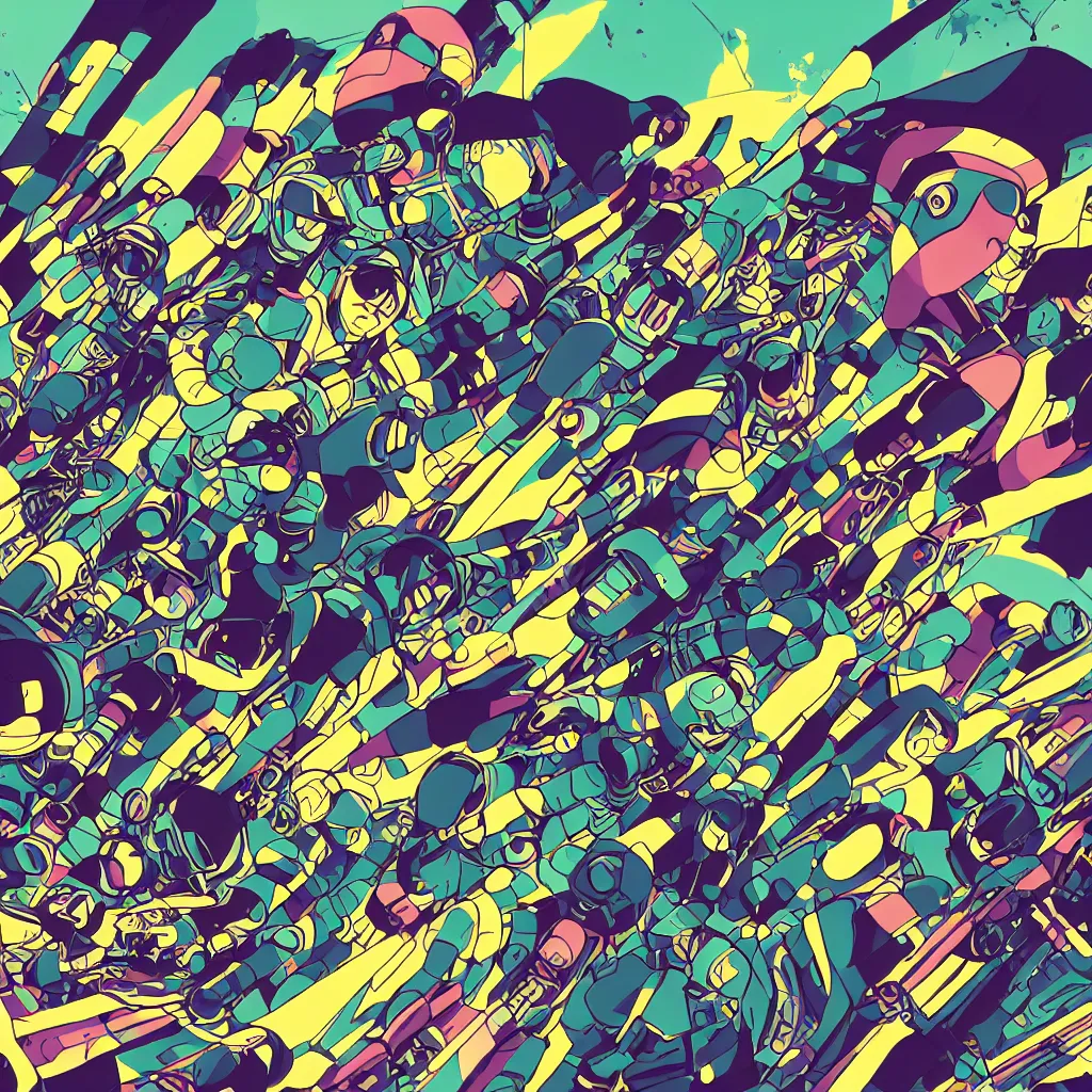 Image similar to people wearing helmets, ryuta ueda artwork, jet set radio artwork, stripes, gloom, space, cel - shaded art style, broken rainbow, data, minimal, speakers, code, cybernetic, dark, eerie, cyber