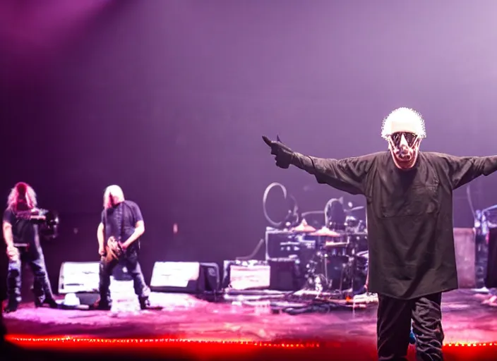 Image similar to publicity photo still of larry david touring with slipknot live on stage, 8 k, live concert lighting, mid shot