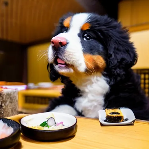 Prompt: Bernese Mountain Dog puppy eating nigiri sushi at a Japanese restaurant