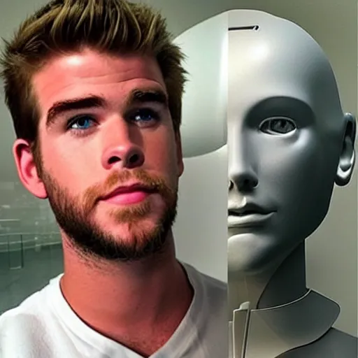 Image similar to “a realistic detailed photo of a guy who is an attractive humanoid who is half robot and half humanoid, who is a male android, actor Liam Hemsworth, shiny skin, posing like a statue, blank stare, at the museum, on display”