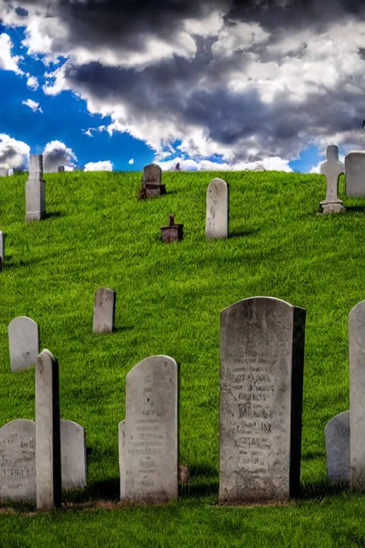 Image similar to realistic detailed photo of the windows xp bliss hills screensaver saturated cloudy blue skies with a graveyard, with many worn gravestones, hyper detailed, sigma 5 0 mm, flickr