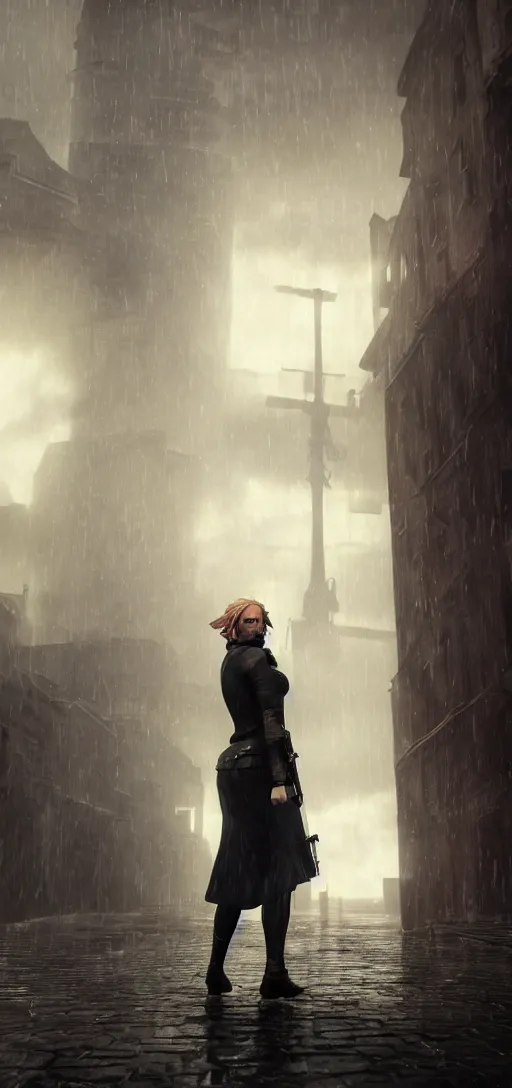 Image similar to distant shot of annie leonhart in dunwall city, mid air shot, redshift render, beautiful face, detailed face, cinematic lighting, rainy weather, melancholy atmosphere, volumetric light, octane render, dishonored 1, gothic architecture, realistic reflections, octane render 8 k, action shot