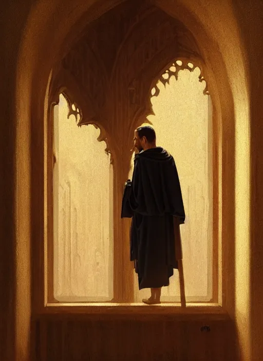 Image similar to oil painting of a medieval dominican monk in robes, looking out of a monastery window contemplatively, digital art, artstation, cinematic, golden hour, digital art painting by greg rutkowski